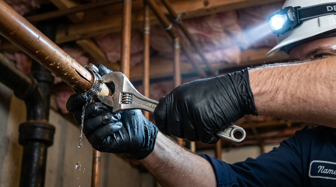 Emergency pipe clamp repair being performed by a Johns Plumbing LLC plumber in Chatsworth
