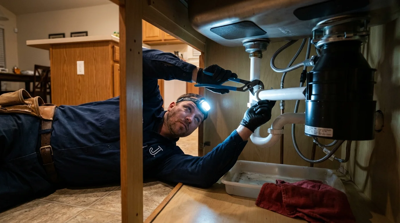 P-trap and supply line connections under a kitchen sink showing a common leak point in Chatsworth, CA